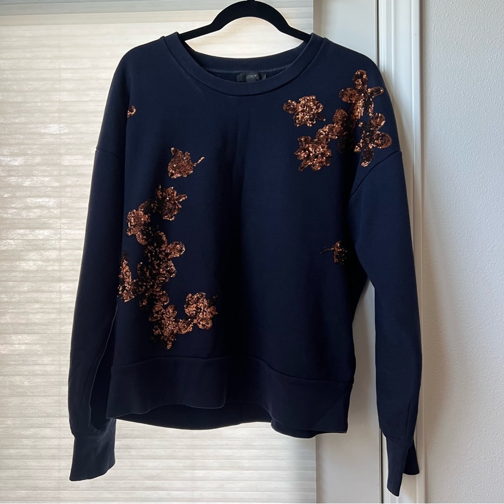 J. Crew Brown/Cooper/ Gold Sequined Flower Fleece Sweatshirt in Navy - Size L